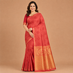 Handcrafted Kancheepuram Silk Saree | Coral Red