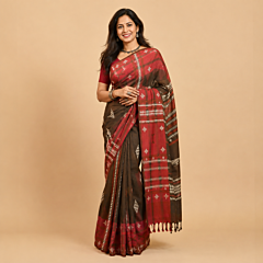 Handloom Kotpad Cotton Saree | Terracotta Red with Black Tribal Motifs