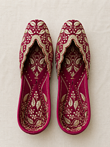 Elegant embroidered magenta Punjabi juttis