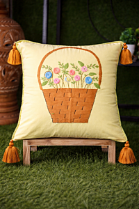 Handmade Floral Basket Embroidered Cotton Cushion Cover with Tassels | Decorative Sofa Pillow Cover