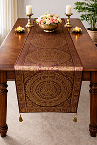 Premium Banarasi Brocade Silk Table Runner -Ethnic Mandala Design  16 x 72 inches - 6 Ft Long - Coffee Brown