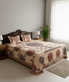 Cream Applique Tree Design Double Bedsheet Set | Decorative Bedding