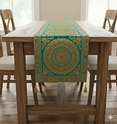 Premium Banarasi Brocade Silk Table Runner -Ethnic Mandala Design  16 x 72 inches - 6 Ft Long- Emerald Green