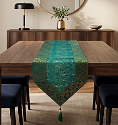 Handmade Silk Table Runner 14 x 72 Inches Aari Zari Embroidery Traditional Dining Table Runner Floral Embroidered Home Decor Varanasi Handcrafted Colovila - Emerald Green