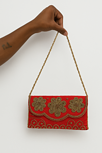 Velvet Clutch Bag for Women | Hand Purse with Golden Embroidery & Beaded Handle | Wedding & Party Wear Handbag