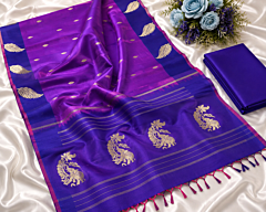 Royal Purple Handloom Kanchipuram Silk Saree with Elephant Zari Border
