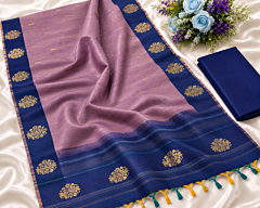 Mauve Lavender Handloom Kanchipuram Silk Saree with Contrast Navy Blue Border