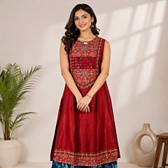 Handcrafted Mashru Silk Ajrakh Print Kurta| Red