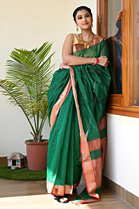 Maheshwari Zari Check  Green Saree 