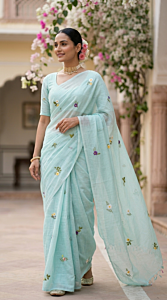 Aqua Blue Mulmul Cotton Saree with Multi-Color Floral Embroidery - Premium Soft Ethnic Wear