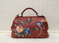 Premium Brown Floral Hand Embroidered Leather Bag