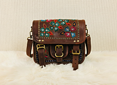 Vintage Brown Floral Embroidered Leather Bag