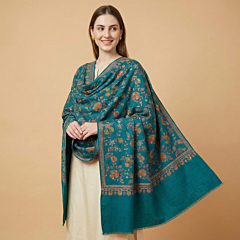 Handwoven Pure Pashmina Neem Jamavar Shawl with Fine Sozni Work |Teal 