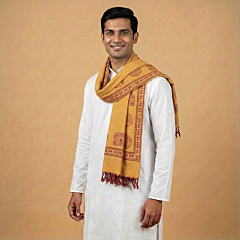 Handprinted Bangala Hand-Notted Pompom Puja Gamcha|Yellow