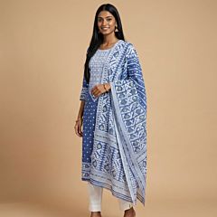 Handcrafted Cotton Kurta & Dupatta | Blue & White