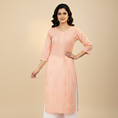Handcrafted Chikankari Long Kurti | Peach | L