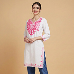 Hand-Embroidered Cotton White Short Kurti | Large