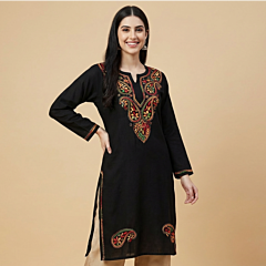 Hand-Embroidered Cotton Black Long Kurti | Large