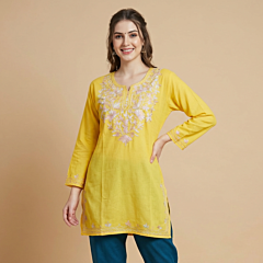 Hand-Embroidered Cotton Yellow Short Kurti | Medium
