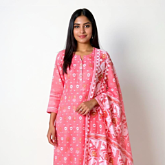 Handloom Unstitched Cotton Suit with Dupatta | Coral Pink