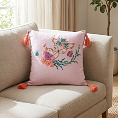 Handcrafted Embroidered Cushion Cover with Tassels | Soft Pink