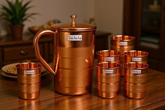 Prisha India Craft Pure Copper Jug with 6 Pure Copper Glass