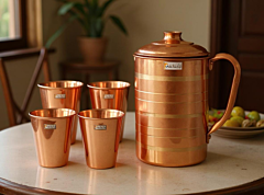 Prisha India Craft Pure Copper Jug Capacity 1300 ML with 4 Pure Copper Glass 