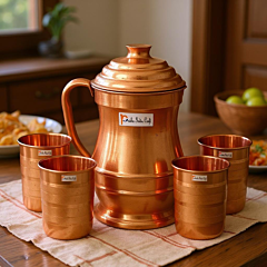 Prisha India Craft Pure Copper Jug Pitcher  1800 ML with 4 Copper Glass Tumbler 300 ML