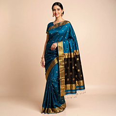 Handloom Cotton Teal Blue Saree with Blouse Piece