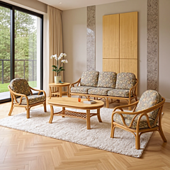 Rattan and Cane Retro Sofa Set/Center Table with Glass Top, (Beige, 1 Three Seater, 2 One Seater)