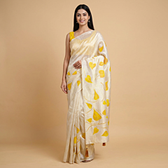 Handpainted Leaf Motif Tissue Silk Saree|White