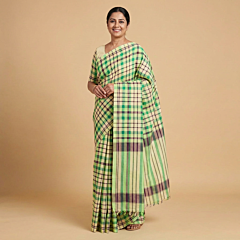 Handloom Checkered Gamcha Saree with Blouse | Green & Cream