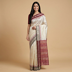 Handwoven Sambalpuri Ikat Border Tussar Silk Saree | Beige & Maroon