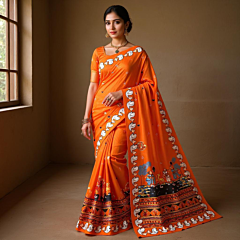 Hand Painted Orange Crepe Saree with Pattachitra Art