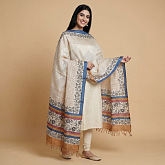 Handwoven Tussar Silk Dupatta | Beige & Blue