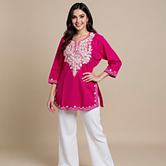 Embroidered Pure Cotton Straight Kurta for Women | Pink