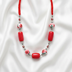 Handcrafted Glass Beaded Red & White Necklace