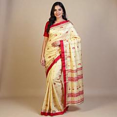 Bengal Red-Gold Floral Buta Striped Mulberry Silk Saree
