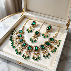 Handcrafted Kundan & Bead Green Bridal Jewellery Set
