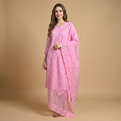 Applique Cotton Unstitched Pink Suit Set