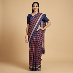 Handloom Cotton Peach & Blue Checkered Saree