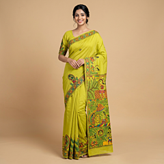 Handmade Madhubani Mithila Painting Katan Silk Saree with Blouse