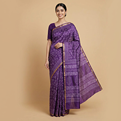 Handblock Print Viscose Silk Purple Saree
