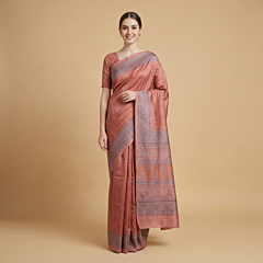 Handblock Print Tussar Silk Pink Saree