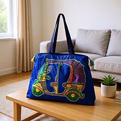 Handcrafted Cotton & Zari Blue Tote Bag for Women | 41x31 cm