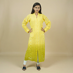 Handcrafted Viscose Silk Long Yellow Kurti Set | XXL