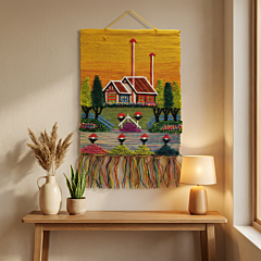 Handwoven Embroidered Village Scenery Tapestry | 20x24 inches