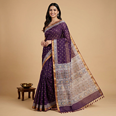 Kota Silk Madhubani Print Saree with Printed Blouse | Purple
