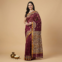 Kota Silk Madhubani Print Saree with Printed Blouse | Maroon