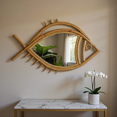 Decorative Fish Shaped Rattan Wall Mirror | 20x23x1.5 Inch 